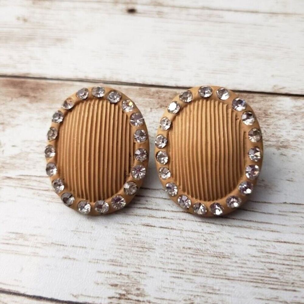 Vintage Clip On Earrings 1960's Retro Tan Oval with Clear Gems 1 & 1/8"